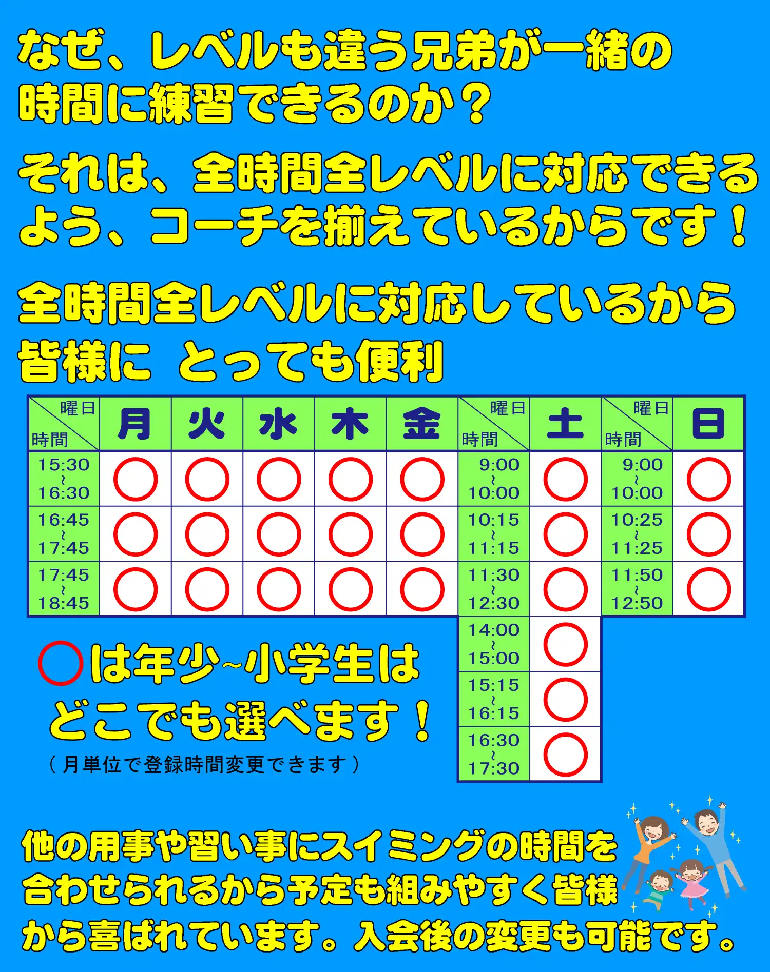 なぜ、レベルも違う兄弟が一緒の時間に練習できるのか？それは全時間全レベルに対応できるよう、コーチを揃えているからです!全時間全レベルに対応しているから皆様にとっても便利!